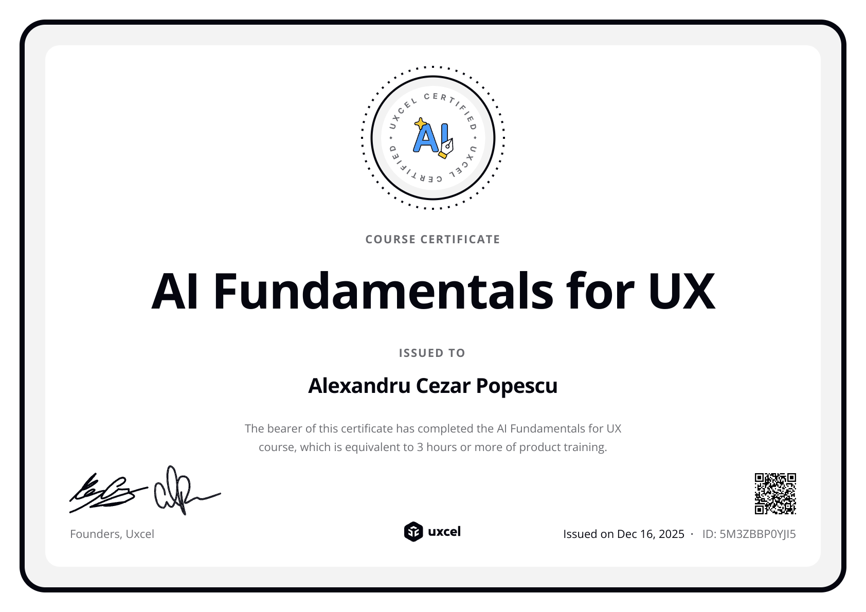 Alexandru Cezar Popescu's certificate